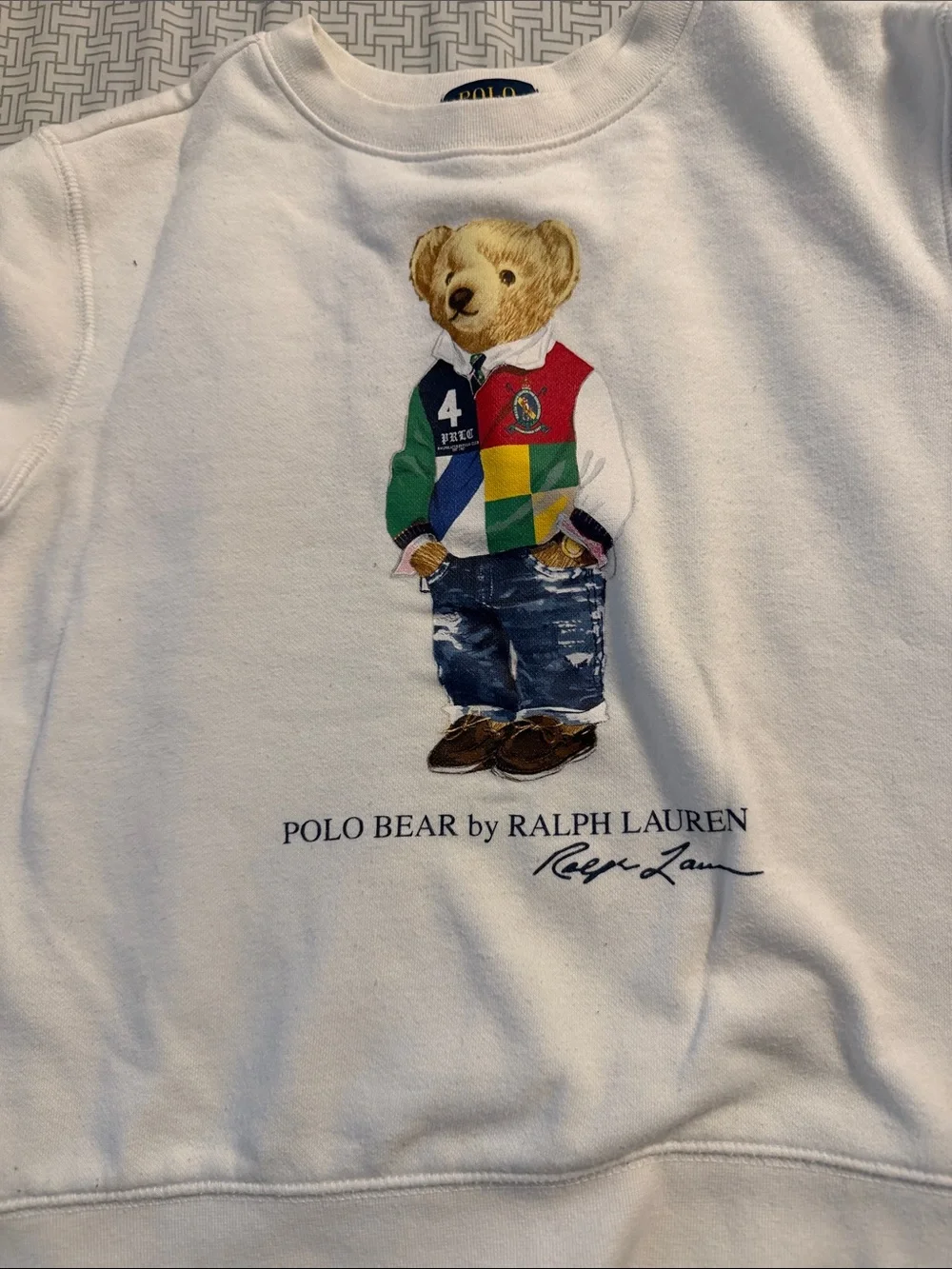 Ralph Lauren White Sweatshirt with Multicolor Polo Bear Graphic boys size 7